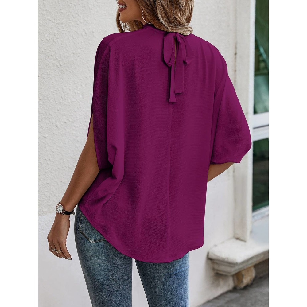 Tie Back Batwing Sleeve short sleeve Blouse black - Picture 9 of 11
